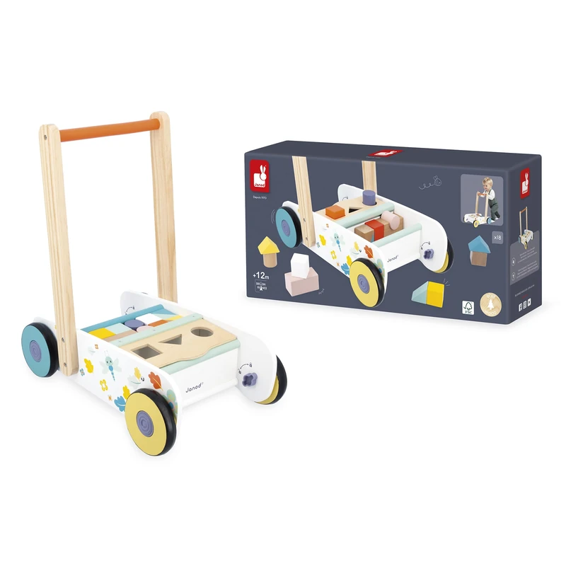 Janod - Wooden Baby and Child Walking Trolley From 12 months - 18 Wooden Pieces Included + Shape Sorting Box - Silent Wheels + Brake System - From 1 year