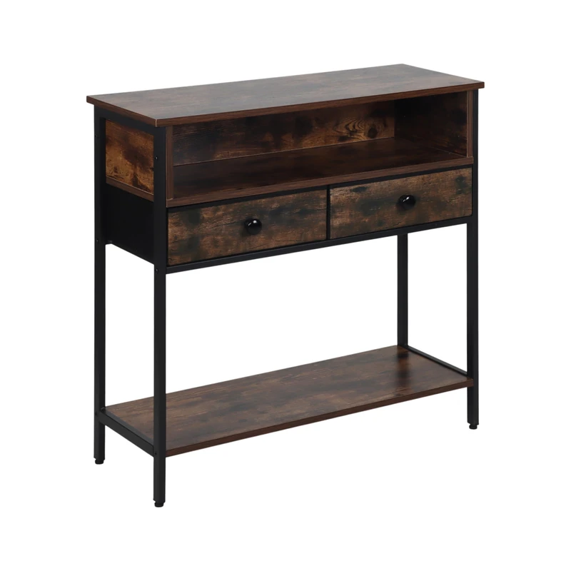 Relaxdays console table, HxWxD:80x80x30 cm, MDF/metal, 2-drawer, slim, industrial, hallway, dark brown