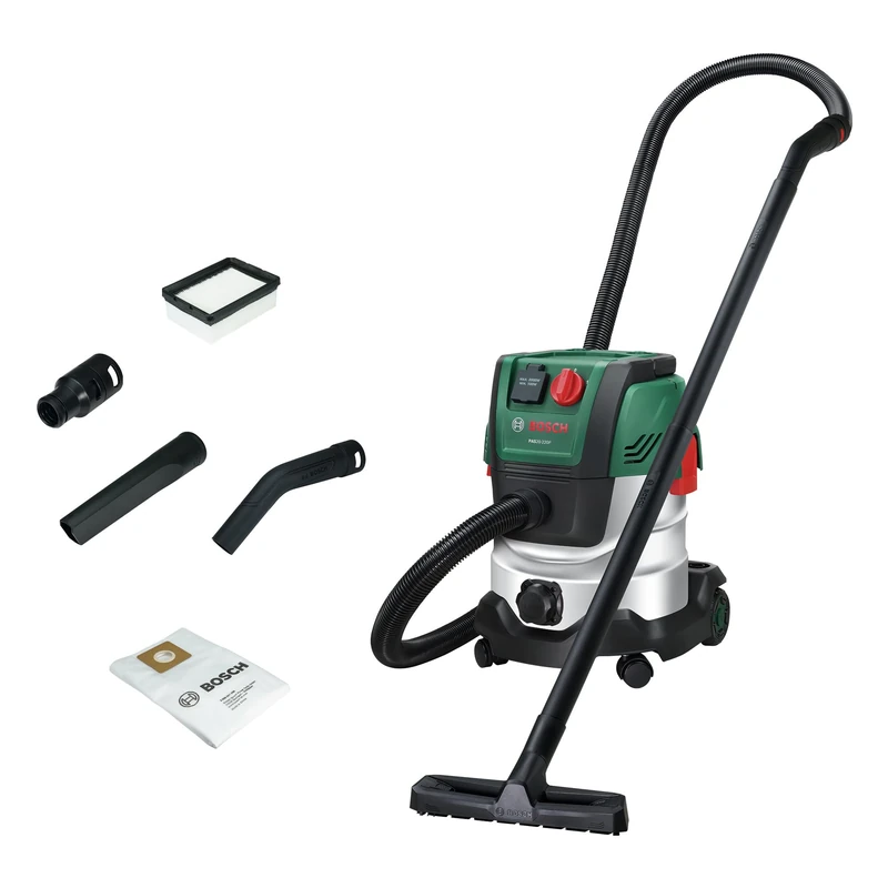 Bosch PAS20-220P corded vacuum cleaner (extension tubes (plastic), suction hose 2.2 m, handle/curved pipe, floor and crevice nozzles, fleece bag (Uni), flat pleated filter, universal adapter)