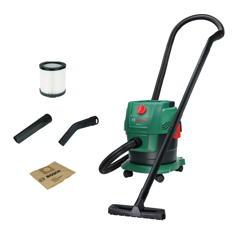 Bosch vacuum cleaner PAS15-200 corded (extension tubes (plastic), suction hose 2.2 m, handle/curved tube, floor and crevice nozzles, paper bag (FSC), cartridge filter)