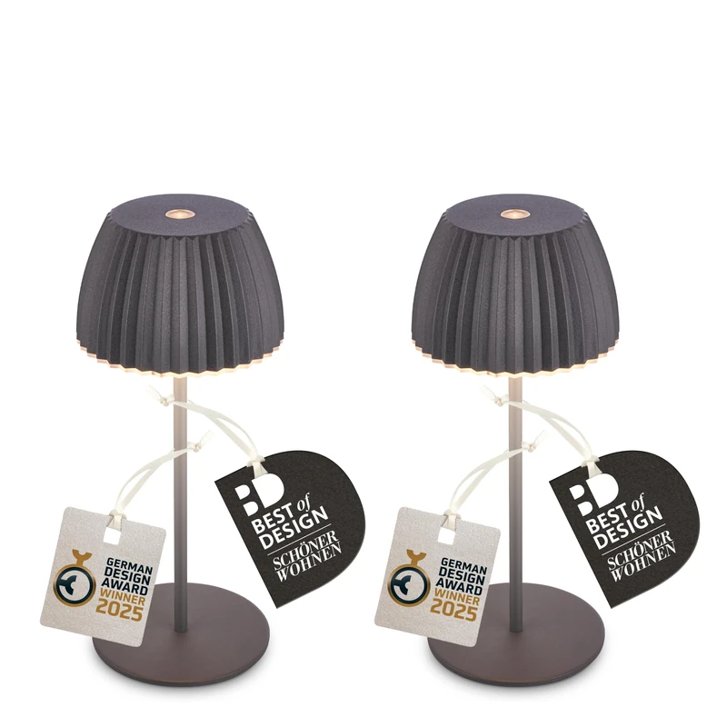 BRILONER - Set of 2 Riffle Mini Rechargeable LED Table Lamps Ip44 with Light Edge, 8.5x20cm, Touch, Replaceable Battery, LED Light, Bedside Lamp, German Design Award Winner 2025, Anthracite