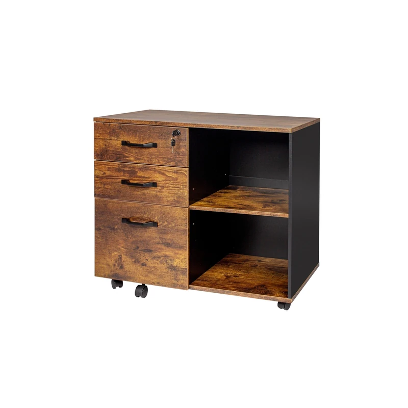 Relaxdays Mobile Filing Cabinet, 3 Drawers, 2 Shelves, 66 x 80 x 40 cm, 4 Wheels, Lockable, Office Storage, Brown/Black