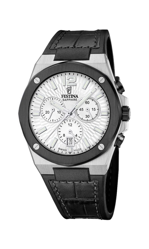 Festina Swiss Made Mens Steel Chronograph Watch with Leather Strap F22003/1 - Image 1