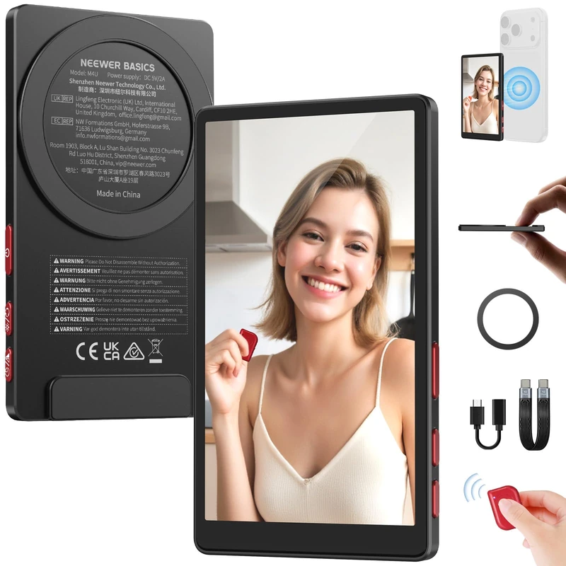 NEEWER BASICS 4" Ultra Thin Magnetic Vlog Selfie Monitor Screen, Metal Back Camera Monitor w 600nits/Remote for 4K 120fps Wired Recording Streaming, Only Compatible with iPhone 17 16 15 Series, M4U