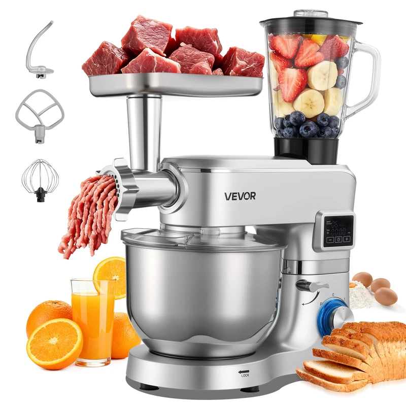 VEVOR 1500W Multi-Function Electric Food Processor with Stainless Steel Bowl (5.7L) and Mixing Bowl (1.5L) Dough Kneader with 6 Speeds + P Dough Hook and Whisk