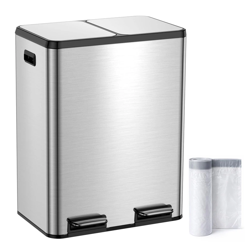YEAUPE PRO Kitchen Bin,60L Dual Rubbish Bin,2 x 30L Stainless Steel Pedal Bin,Double Bin Recycling with Soft-Close Lids and Plastic Inner Buckets,Fingerprint Proof,Odour Seal,Silver