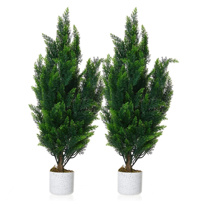GarveeHome Set of 2 Artificial Boxwood Cedars, 90 cm Artificial Pine Shrubs in Pot with Lifelike Leaves and Trunk, Realistic Artificial Cypress Bushes for Entrance Area, Desk - Image 1