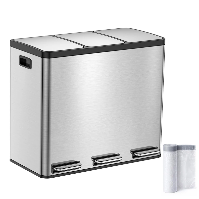Kitchen Bin, 3 x 18.1 L Recycling Bin, 3 Compartment Rubbish Bin for Recycling and Waste, Soft-Close Lids, Pedals, Inner Buckets, Steel, Stainless Steel Pedal Bin Trash Can with 15 Liners Silver