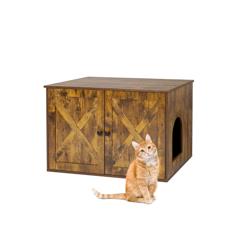 Relaxdays Cat Cabinet with Partition & Side Entrance, 50x80x53 cm, Dark Brown