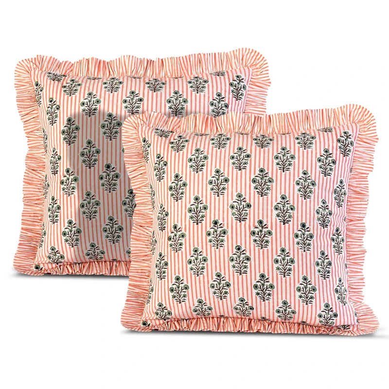 Ridhi Block Print Salmon Blossom Throw Pillow Cover 24" x 24" (Pack of 2) Decorative Cushion Covers with Ruffle for Couch, Sofa, Bed, Living Room, Home Decor Gift for Spring, Easter, Valentine