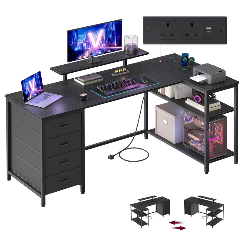 VASAGLE L Shaped Corner Desk with Power Outlets, Computer Gaming Desk with Storage, Reversible Layout, Adjustable Shelves, 4 Drawers, 2 USB Ports, Home Office, 160 x 80 cm, Ebony Black LWD173BE02