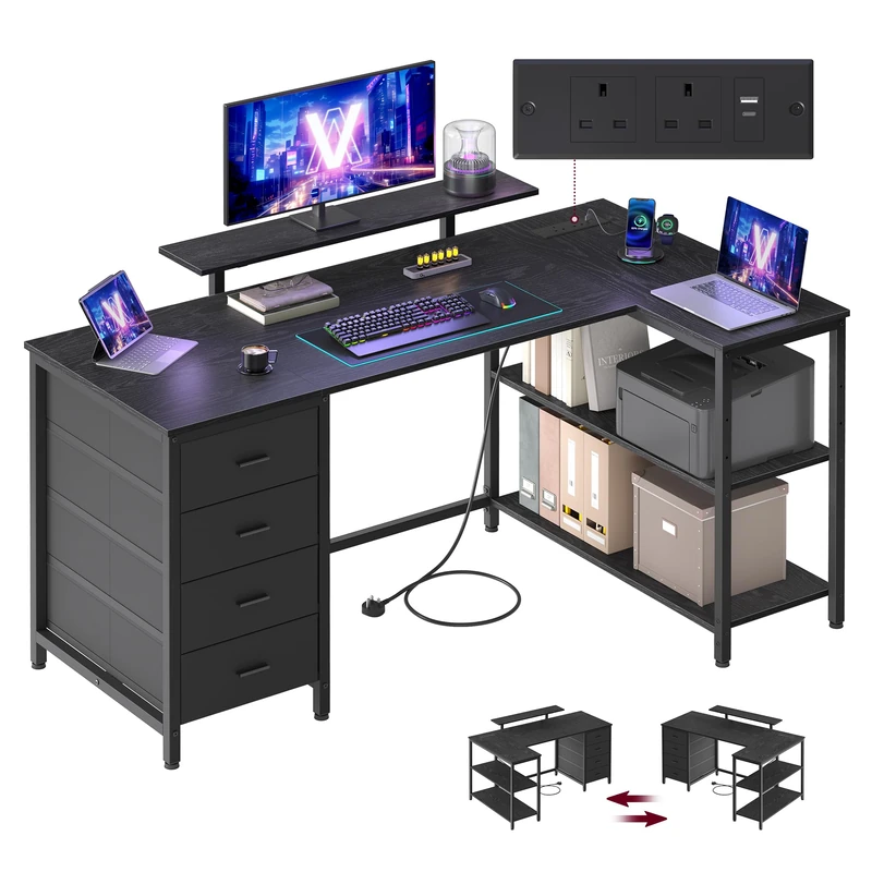 VASAGLE L Shaped Corner Desk with Power Outlets, Computer Gaming Desk with Storage, Reversible Layout, Adjustable Shelves, 4 Drawers, 2 USB Ports, Home Office, 140 x 80 cm, Ebony Black LWD172BE02