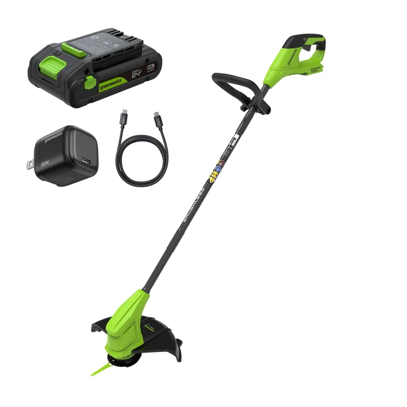 Greenworks 24V Brushless Grass Trimmer Gen2 with Battery for Small to Medium Gardens, Height Adjustable, 25 cm Cutting Width, Includes 20 Plastic Blades with 2.0 Ah Battery and Charger ST2502