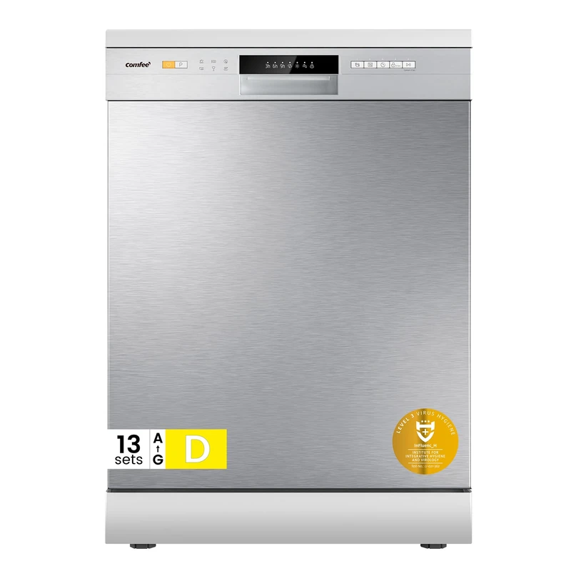 COMFEE' Dishwasher Freestanding with 13 Place Settings, Full Size Dishwasher 60cm Width, CDWPF1301PSD-UK, Auto Door Open Drying, Quick Wash, Hygiene Wash, Delay Start, Half Load -Silver