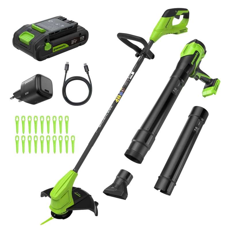 Greenworks 24V 25cm Cordless String Trimmer/Edger and 270CFM Brushless Leaf Blower Combo Kit, 2.0Ah Battery and Charger Included CKS022