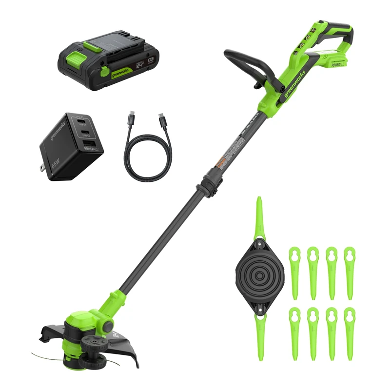 Greenworks 24V Brushless Grass Trimmer Gen2 2-in-1 with Battery for Small to Medium Gardens, Height Adjustable, 30 cm Cutting Width, Includes 10 Plastic Blades with 2.0 Ah Battery and Charger ST3002
