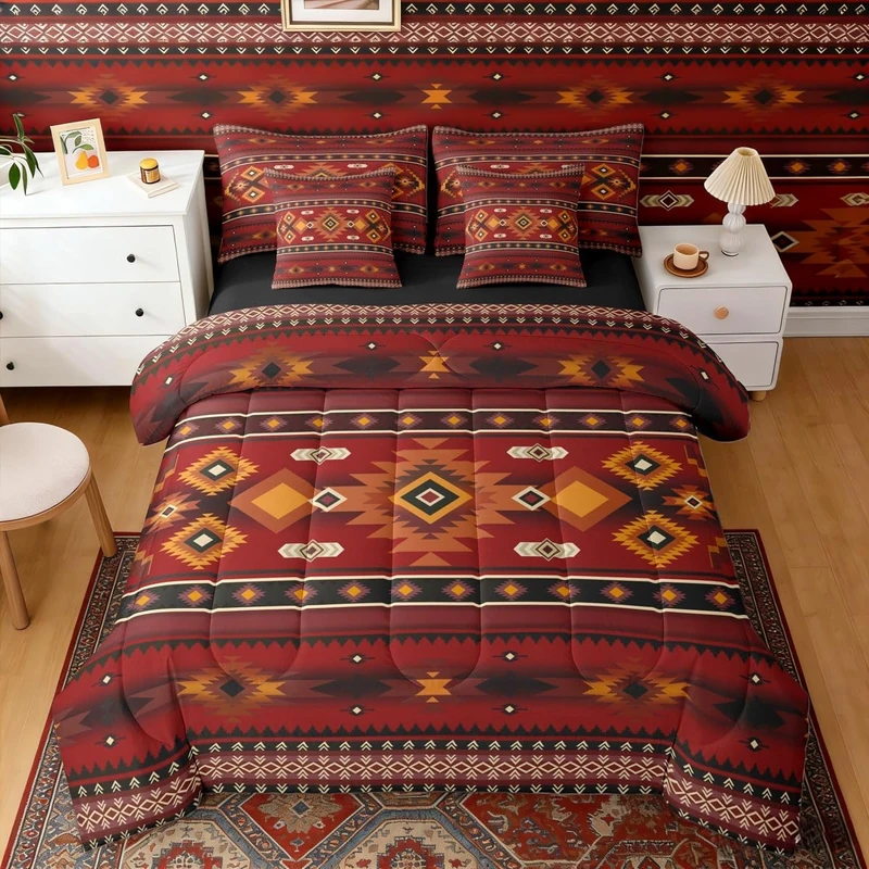 Erosebridal Black Red Aztec Geometric Bohemian Comforter Set Queen Size 7 Pieces | Tribal Cowboy Adults Bed in A Bag Cowgirl Farmhouse Bed Set Southwestern Bedding