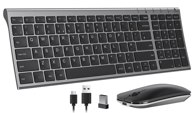 seenda Wireless Keyboard Mouse Set, Ultra Slim Compact Rechargeable Silent Computer Keyboard & Mouse Combo with Metal Base UK QWERTY Layout for Office, Home, Business Trip, Black and Space Gray