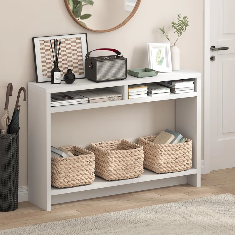 Furinno VIOLA Entryway Table, 3-Tier Narrow Console Table with Extra Thick Frame and Storage Shelf, 47.2" Wide Sofa Table, for Living Room, Home Office, Entryway, White - Image 1