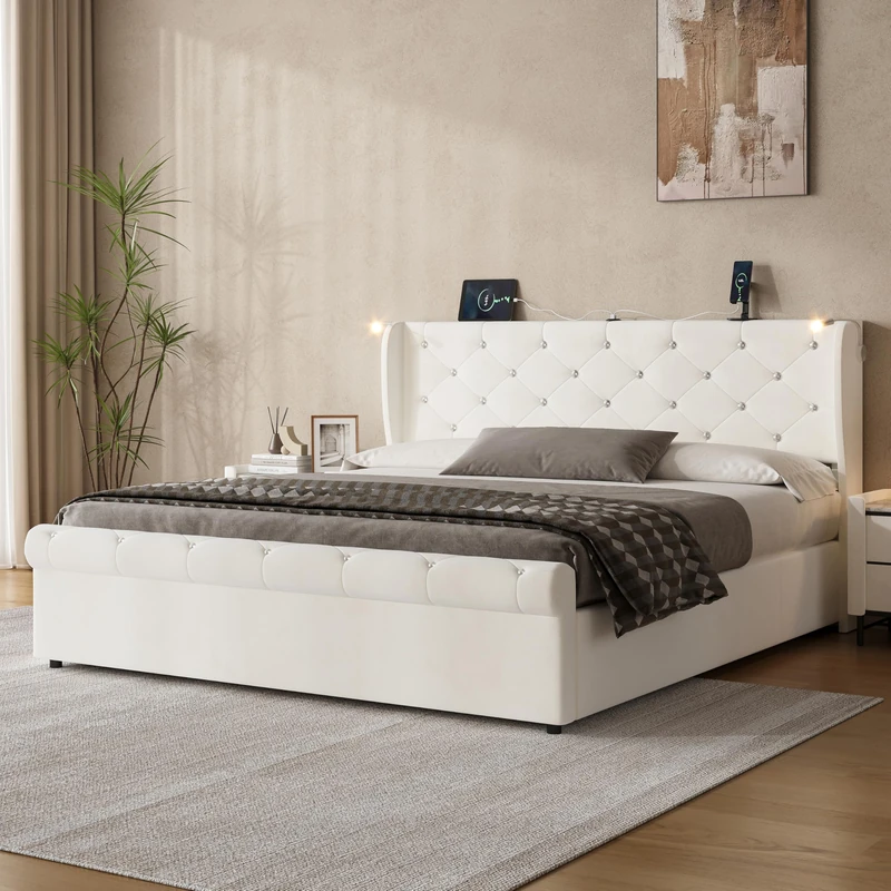 Ball & Cast 5ft King Upholstered Bed Frame with Hydraulic Storage, Diamond Tufted Headboard with Charging Station and Reading Light, USB and Type - C Ports, Velvet, Beige (No Mattress)