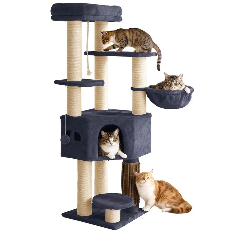 YITAHOME Large Cats Tree Tower, Cat Tree, Cat Brushes, 11 cm Thick Posts, Large Platforms, Plush Cushion, Cave, 50 x 50 x 157 cm, Dark Grey