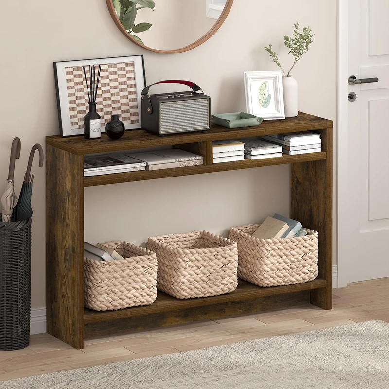 Furinno VIOLA Entryway Table, 3-Tier Narrow Console Table with Extra Thick Frame and Storage Shelf, 47.2" Wide Sofa Table, for Living Room, Home Office, Entryway, Amber Pine