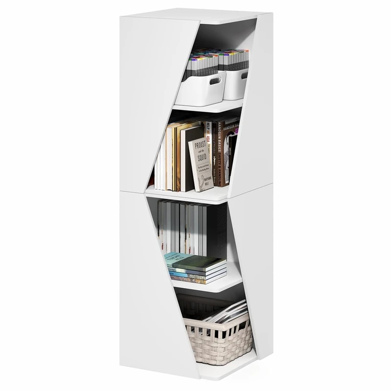 Furinno ECON Book Shelf, Stackable 2-in-1 Bookshelf, 4-Tier Corner Bookcase with Display Shelf, for Living Room, Bedroom, Home Office, White
