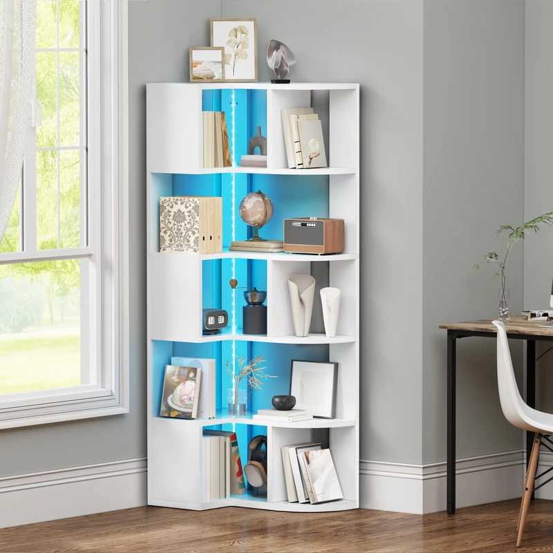YITAHOME 6 Tier corner bookcase with LED, L shaped bookshelf, corner shelf unit, Floor Standing book shelf Display storage shelves for Office, Study, Living Room, Bedroom, 64 x 41.5 x 159.5 cm, White
