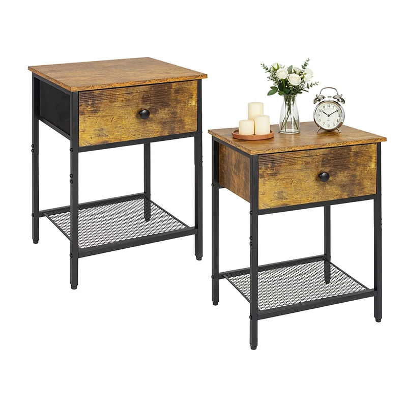 Relaxdays 2-Piece Bedside Table Set with Drawer & Shelf, Industrial Wood-Look, 55x40x30 cm, Dark Brown/Black