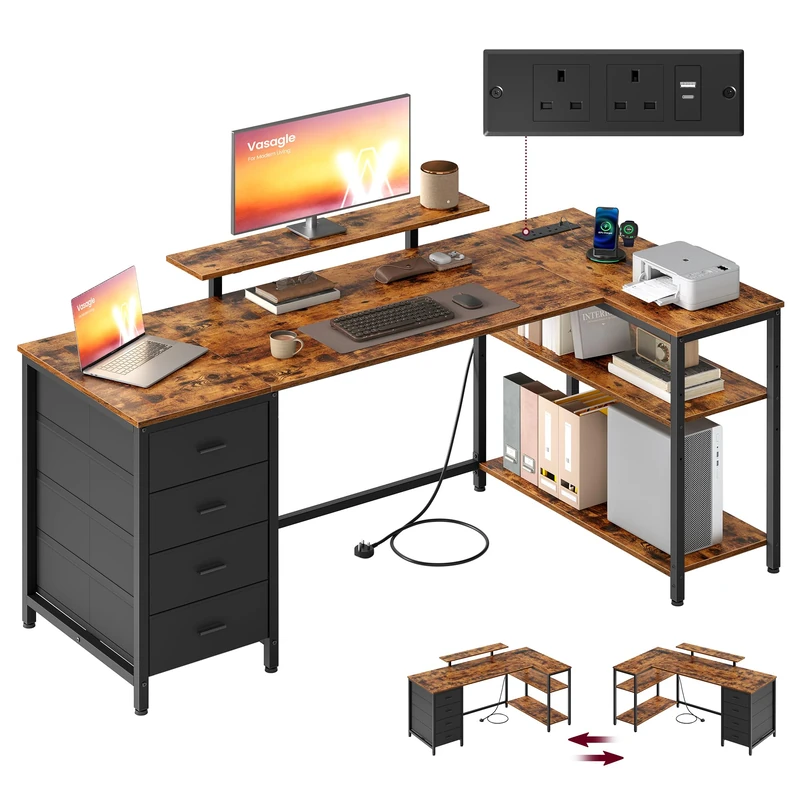 VASAGLE L Shaped Corner Desk with Power Outlets, Computer Gaming Desk with Storage, Reversible Layout, Adjustable Shelves, 4 Drawers, 2 USB Ports, Home Office, 160 x 80 cm, Rustic Brown LWD173KD02