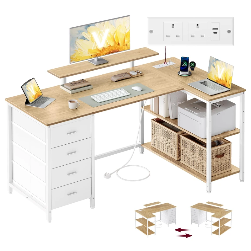 VASAGLE L Shaped Corner Desk with Power Outlets, Computer Gaming Desk with Storage, Reversible Layout, Adjustable Shelves, 4 Drawers, 2 USB Ports, Home Office, 140 x 80 cm, Natural Oak LWD172YD02