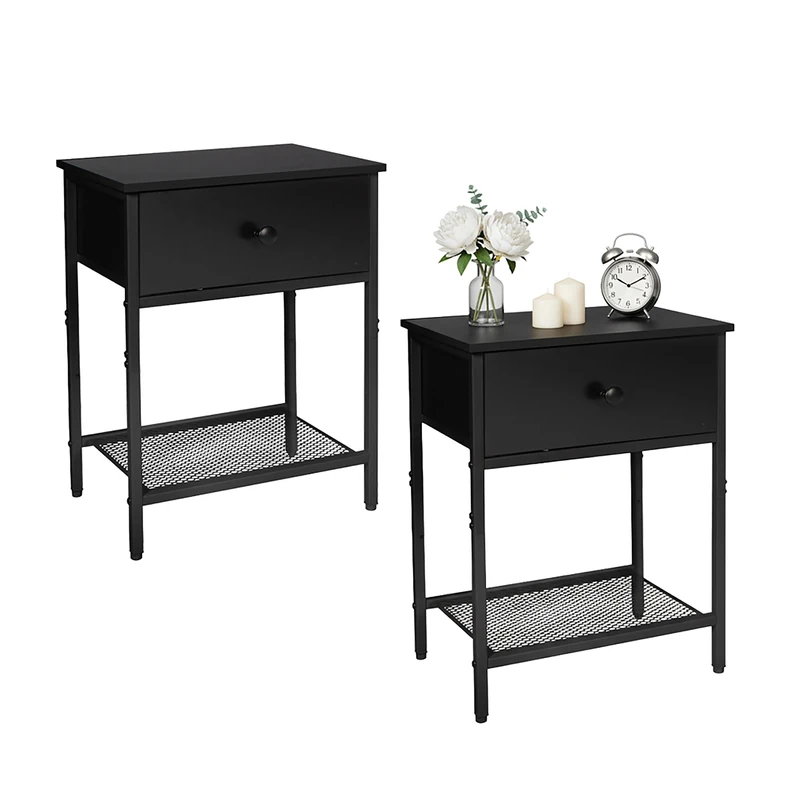 Relaxdays Bedside Table Set of 2 with Drawer and Shelf, Modern Wood-Effect Metal, 55 x 40 x 30 cm, Black