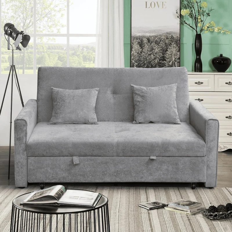 Home Source Charleston Convertible Sofabed, 2 Seater Pull Out Sofa Bed, Linen Fabric, Compact Living Room/Guest Bed – Grey Velvet
