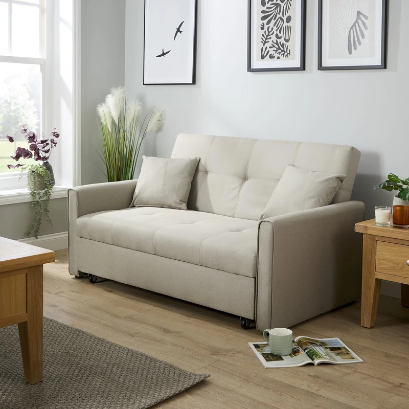 Home Source Charleston Convertible Sofabed, 2 Seater Pull Out Sofa Bed, Linen Fabric, Compact Living Room/Guest Bed – Linen Beige