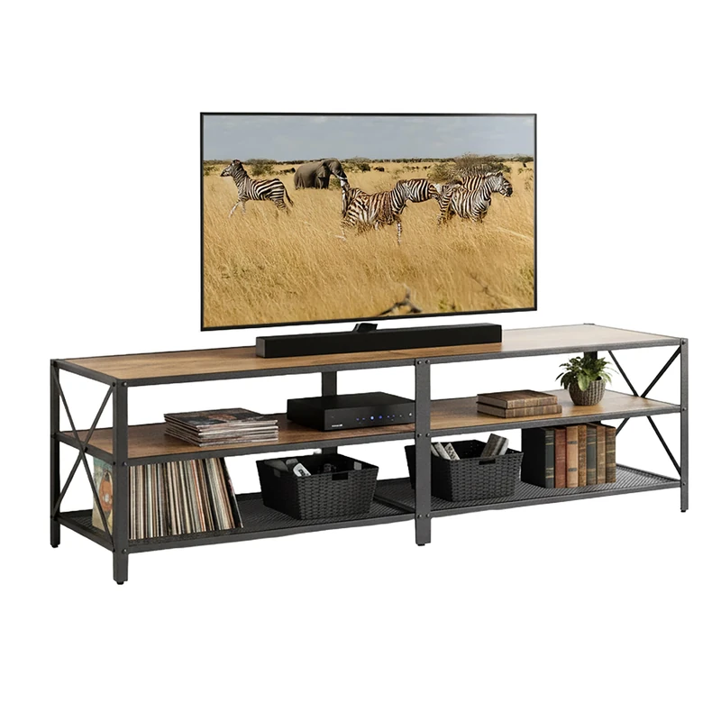 Relaxdays TV Lowboard with 4 Shelves for up to 75-Inch TVs, 52x180x39 cm, Brown/Black