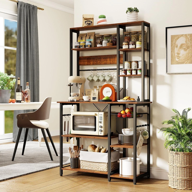 GiantexUK 170 cm Kitchen Baker’s Rack, 9-Tier Storage Shelf with Power Outlets & 12 Hooks, Wire Basket & Anti-tipping Device, Metal Frame Microwave Oven Stand for Dining Living Room