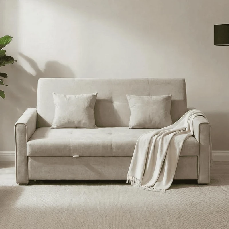 Home Source Charleston Convertible Sofabed, 2 Seater Pull Out Sofa Bed, Linen Fabric, Compact Living Room/Guest Bed – Beige Velvet