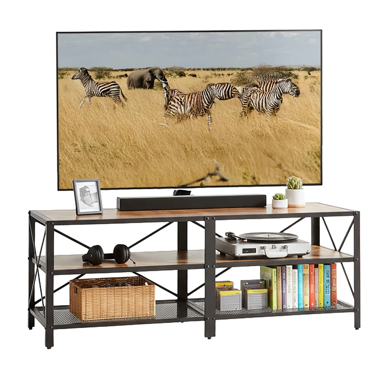Relaxdays TV Lowboard with 4 Compartments, Open Shelf for 60-Inch TVs, 52x140x39 cm, Brown/Black