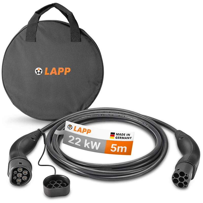 Lapp Mobility Type 2 Charging Cable Kit with Carry Case 22KW 5M 32A 3 Phase Mode-3 IP55 for Electric Cars & Plug-in Hybrids Suitable for Wallbox & Charging Station, Black, 79585