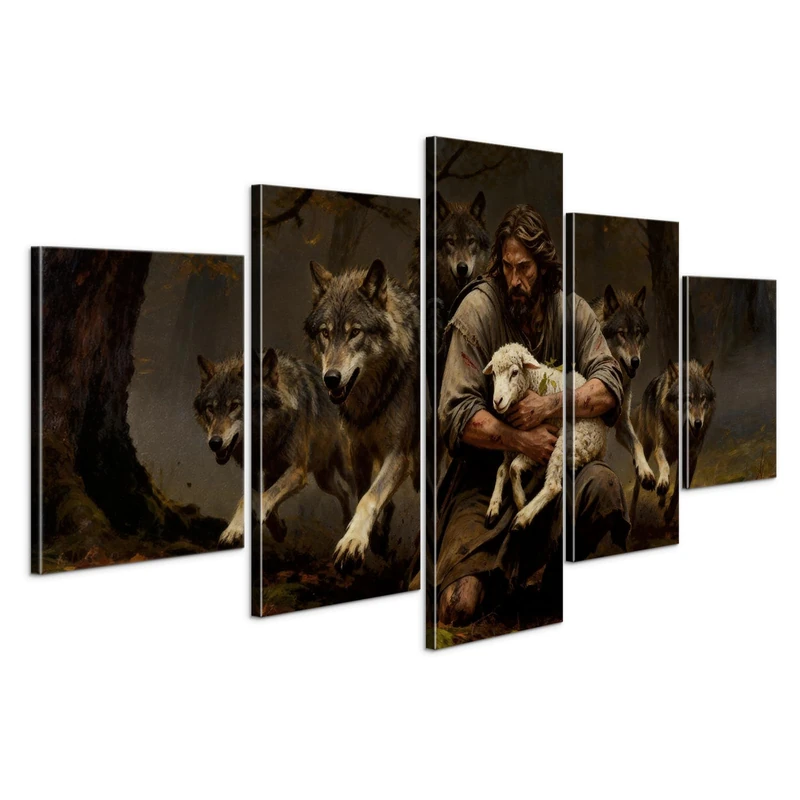 YOUHONG 5 Pieces Jesus Wall Art Religious Decor Jesus and Lamb Canvas Wall Art with Wooden Frame, Religious Decor Christian Posters for Living Room Decoration Ready to Hang (50''W x 24''H)