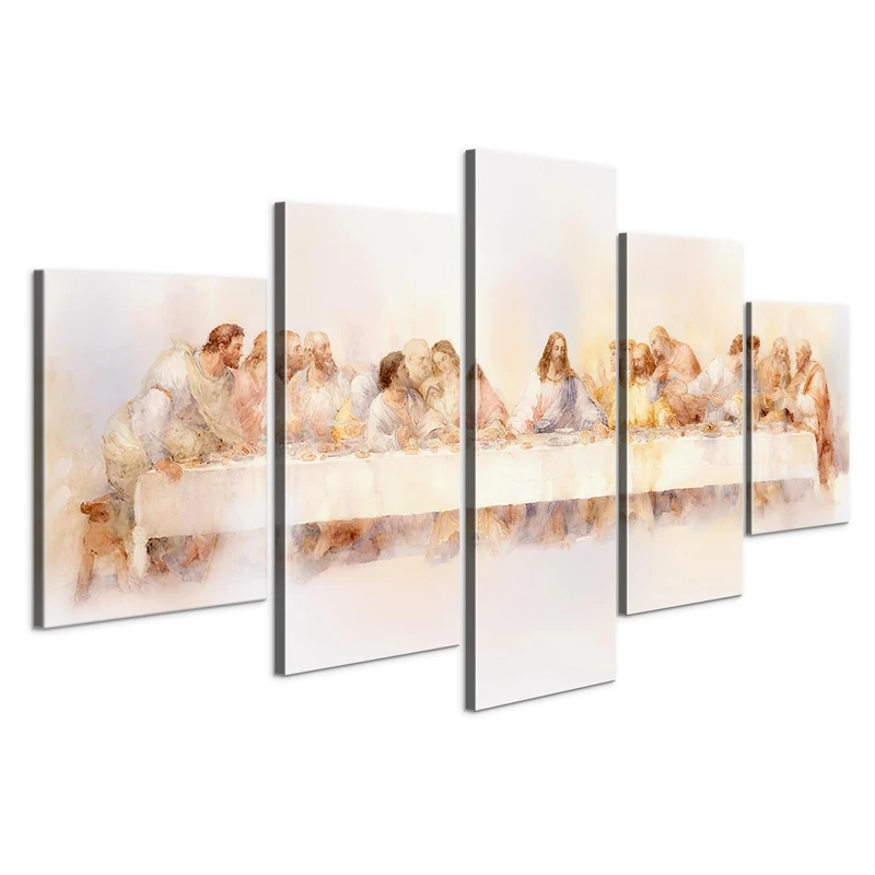 5 Pieces the Last Supper Wall Decor Religious Decor Christian Wall Art Leonardo Da Vinci Poster Jesus Painting Christian Canvas with Wooden Frame, Last supper Painting for Dining Room (50''W x 24''H)