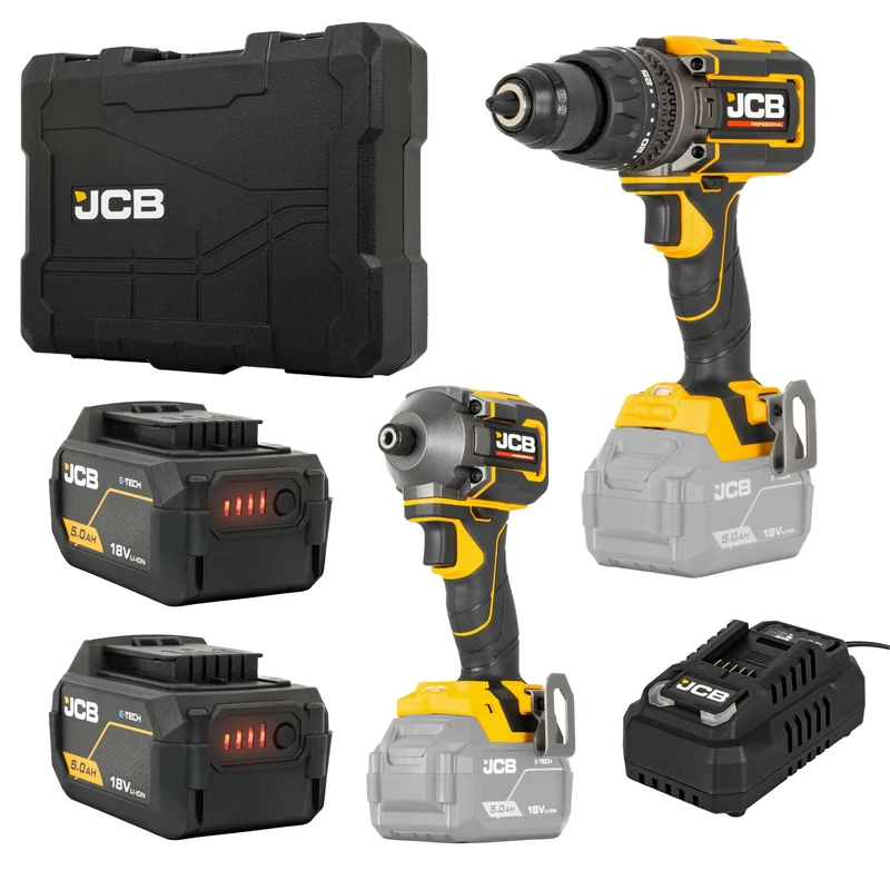 JCB Pro 18V Ultra-High Torque Brushless Twin Pack - 160Nm Combi Drill & 230Nm Impact Driver, 2X 5.0Ah Batteries, 4.5A Fast Charger & L-Boxx Case - 3 Year Warranty