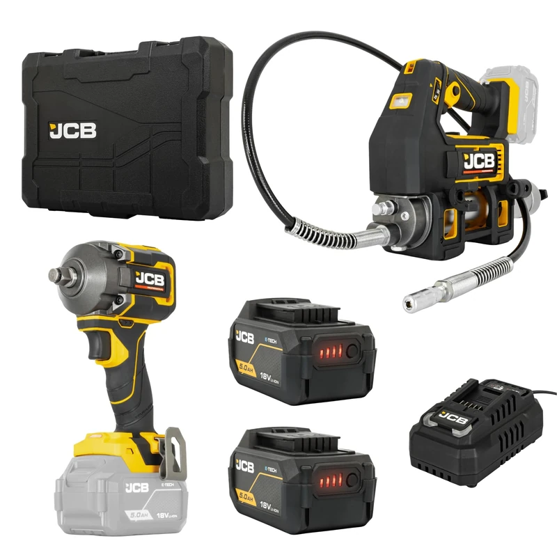 JCB Pro 18V with 1/2" Impact Wrench 620Nm + Cordless Grease Gun, 2× 5.0Ah Batteries & 4.5A Fast Charger, Supplied in Soft Tool Bag