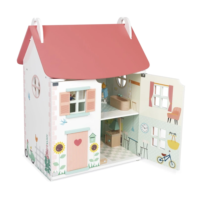 Janod - My First Wooden Doll's House - 10 Accessories - Doll's Furniture - Magnetic Doors and Removable Roof - FSC Wooden Toy - Ages 3+