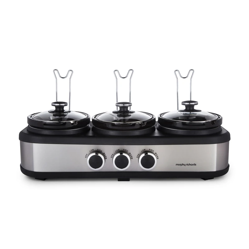 Morphy Richards 3.9L TrioServe Three Pot Slow Cooker, Ceramic Pots, 3 Heat Settings, Independent Temperature Controls, Tempered Glass Lid, Easy Clean, Brushed Stainless Steel, 462501
