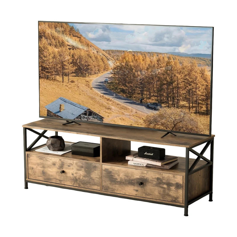 Relaxdays TV Lowboard with 2 Compartments & Drawers, Fits Up to 55 Inches, 50x120x40 cm, Brown/Black