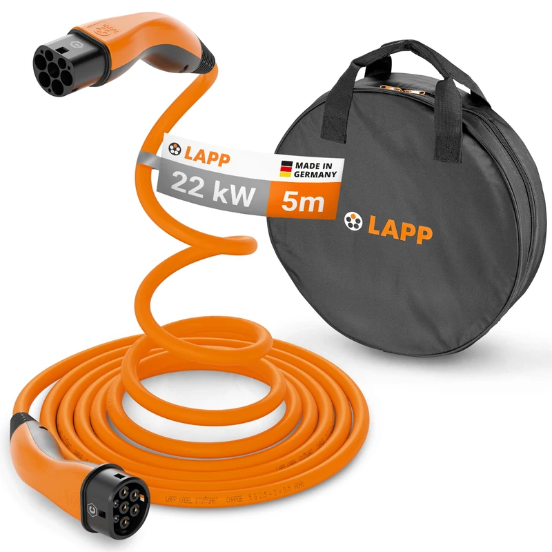 Lapp Mobility Helix 79588 Type 2 Charging Cable Kit with Carry Case 22KW 5m 32A 3 Phase Mode-3 IP55 for Electric Cars & Plug-in Hybrids for Wallbox & Charging Station Orange