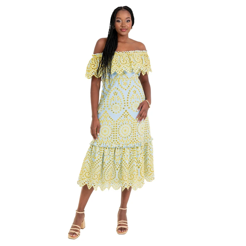 Maya Deluxe Women's Midi Dress Ladies Bardot Off Shoulder Broderie Anglaise Frill Tiered Hemline Scalloped Wedding Guest Occasion, Blue and Yellow 14