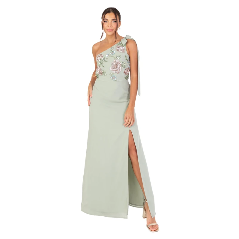 Maya Deluxe Women's Maxi Dress Ladies One Shoulder Sleeveless Floral Embellished Side Split A-line Bridesmaid Wedding Guest Prom, Green Lily 6