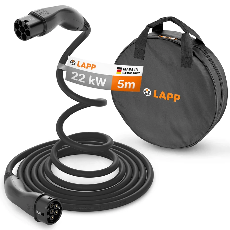 Lapp Mobility Helix 79587 Type 2 Charging Cable Kit with Carry Case 22KW 5m 32A 3 Phase Mode-3 IP55 for Electric Cars & Plug-in Hybrids for Wallbox & Charging Station, Black
